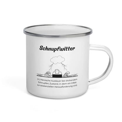 Geschenk Tasse - Schnupfwitter Emailletasse in Weiß - Premium Edition  - Frontansicht mit schwarzem Print - Henkel rechts