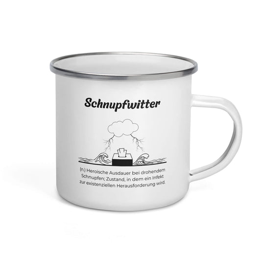 Geschenk Tasse - Schnupfwitter Emailletasse in Weiß - Premium Edition  - Frontansicht mit schwarzem Print - Henkel rechts