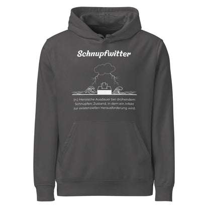 Geschenk Hoodie - Schnupfwitter Kapuzenpullover in Anthracite aus Bio-Baumwolle - Res5 Edition - Frontansicht mit weißem Print