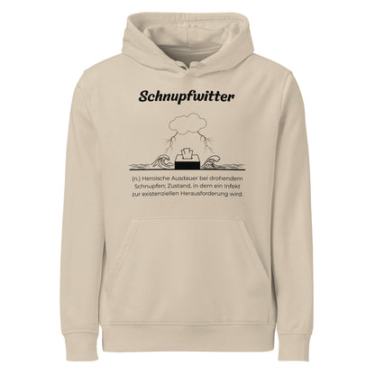 Geschenk Hoodie - Schnupfwitter Kapuzenpullover in Desert Dust aus Bio-Baumwolle - Res5 Edition - Frontansicht mit schwarzem Print