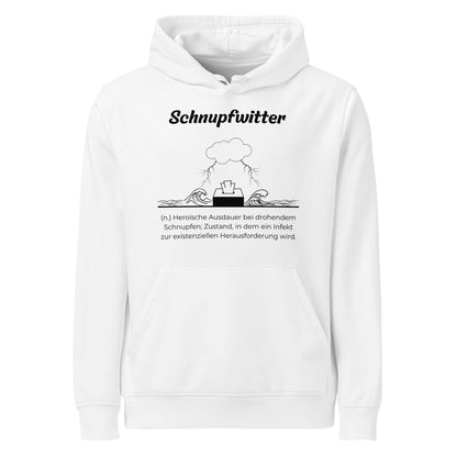 Geschenk Hoodie - Schnupfwitter Kapuzenpullover in Weiß aus Bio-Baumwolle - Res5 Edition - Frontansicht mit schwarzem Print