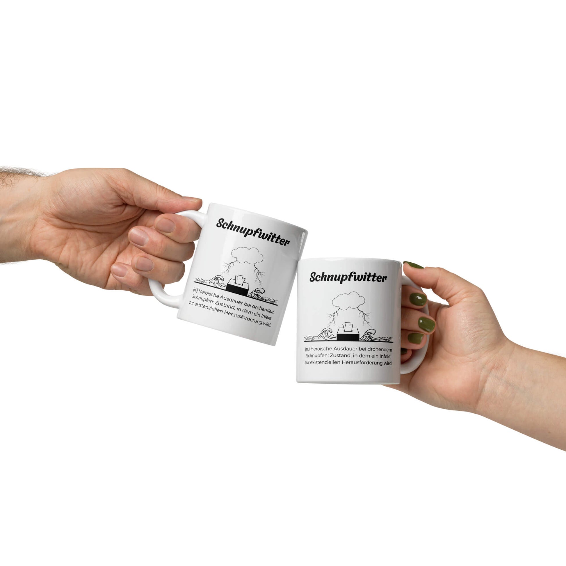 Geschenk Tasse - Schnupfwitter Keramiktasse in Weiß - Res5 Edition  - Tassen beim Anstoßen mit schwarzem Print - Henkel rechts und links