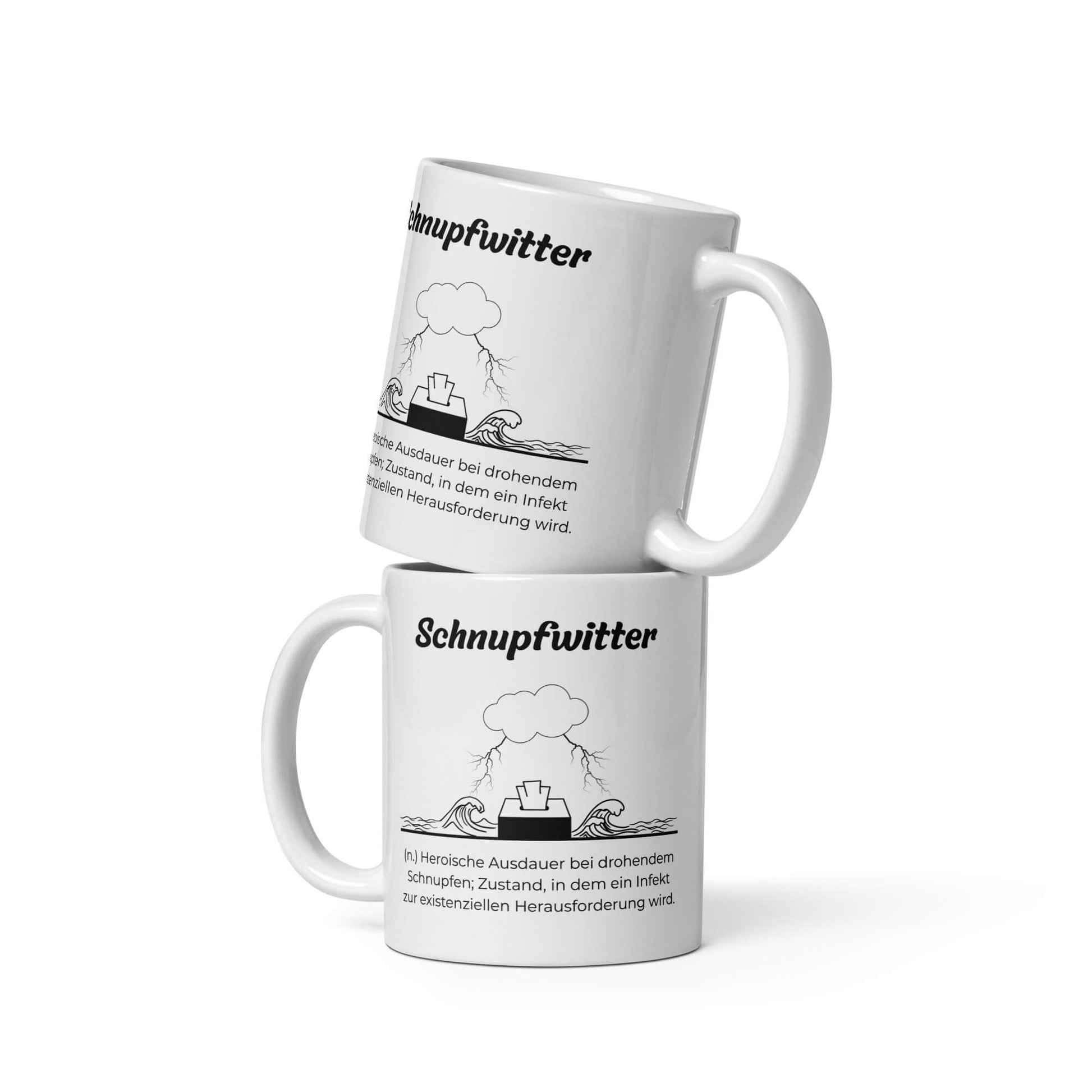 Geschenk Tasse - Schnupfwitter Keramiktasse in Weiß - Res5 Edition  - Zwei Tassen mit schwarzem Print - Henkel rechts und links
