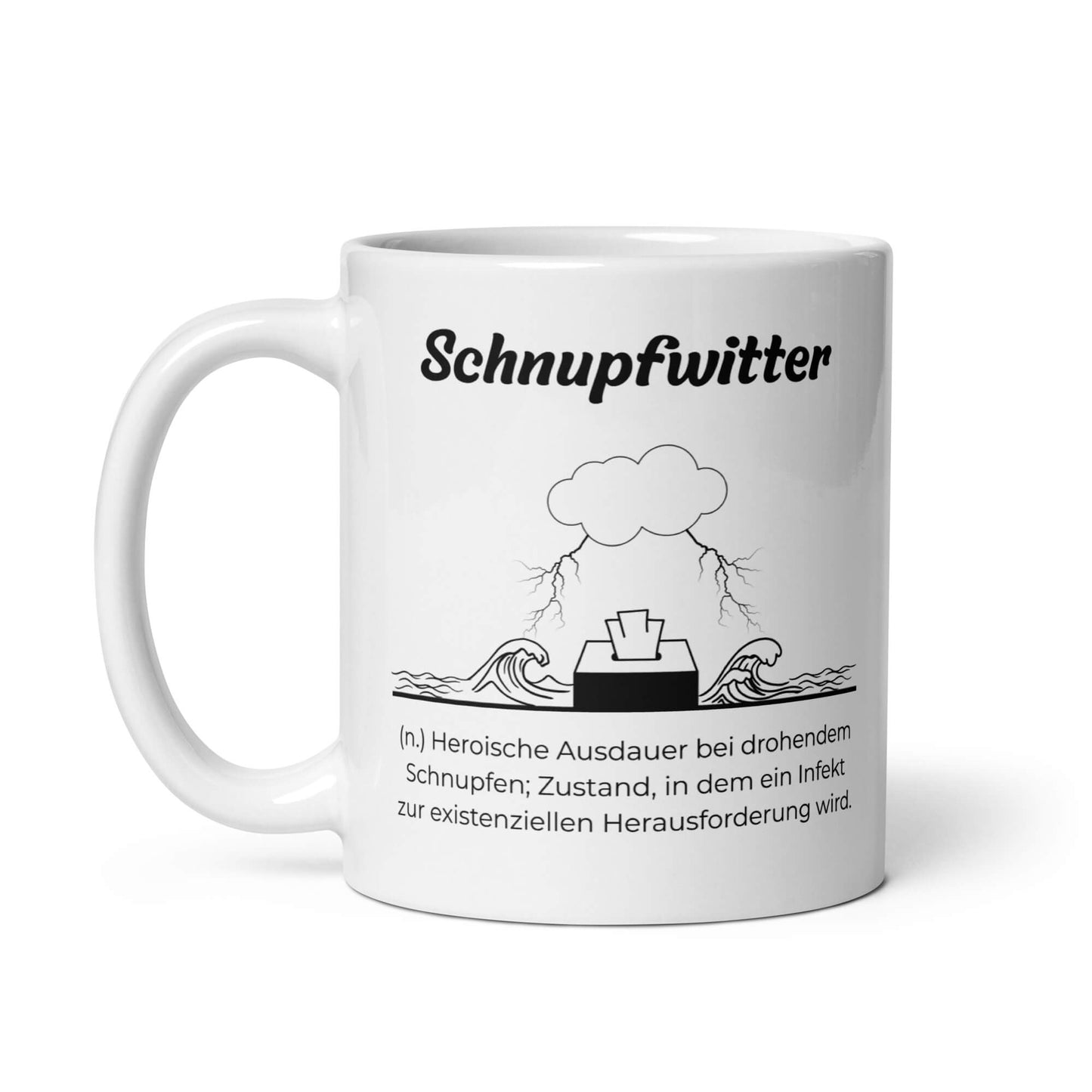 Geschenk Tasse - Schnupfwitter Keramiktasse in Weiß - Res5 Edition  - Frontansicht mit schwarzem Print - Henkel links