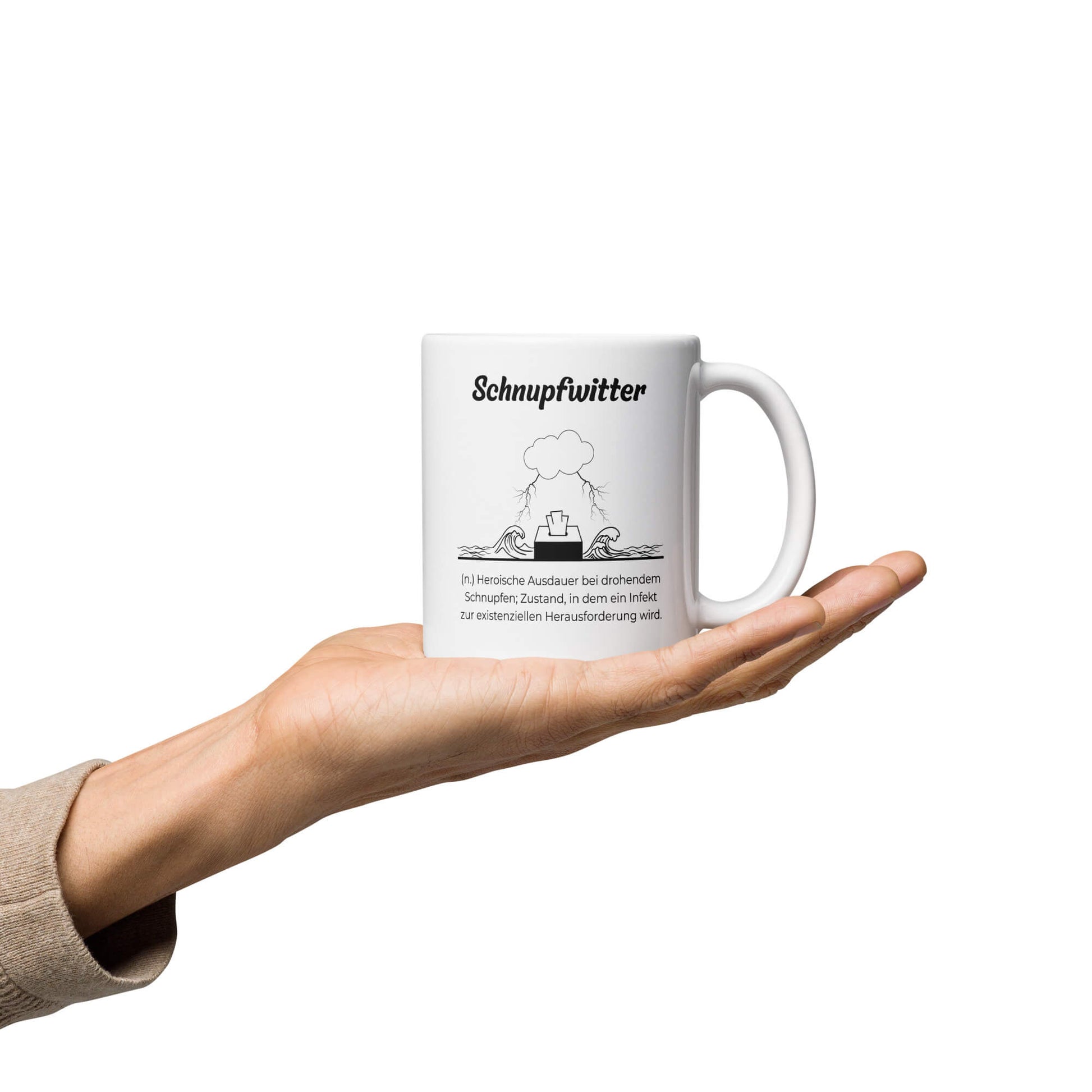 Geschenk Tasse - Schnupfwitter Keramiktasse in Weiß - Res5 Edition  - Tasse auf Hand mit schwarzem Print - Henkel rechts