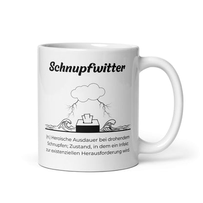 Geschenk Tasse - Schnupfwitter Keramiktasse in Weiß - Res5 Edition  - Frontansicht mit schwarzem Print - Henkel rechts