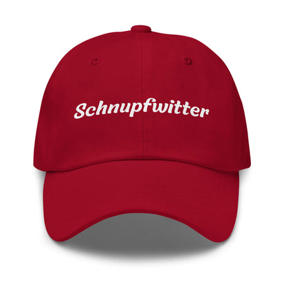 Geschenk Cap - Schnupfwitter Dad Cap in Cranberry - Premium Edition - mit weißem Print - Frontansicht