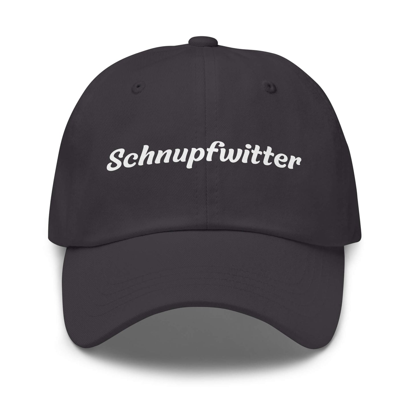 Geschenk Cap - Schnupfwitter Dad Cap in Grau - Premium Edition - mit weißem Print - Frontansicht