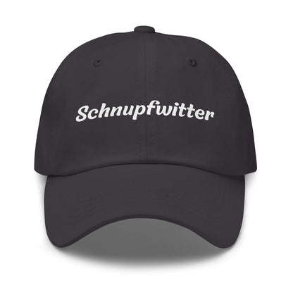 Geschenk Cap - Schnupfwitter Dad Cap in Grau - Premium Edition - mit weißem Print - Frontansicht