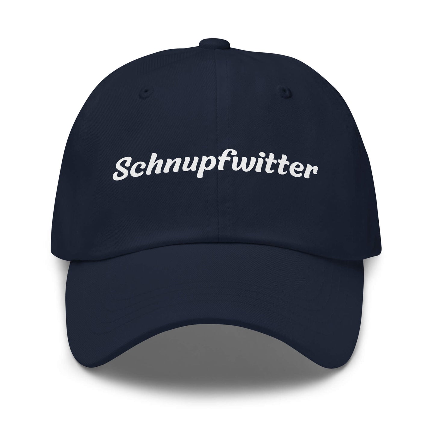 Geschenk Cap - Schnupfwitter Dad Cap in Marineblau - Premium Edition - mit weißem Print - Frontansicht