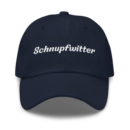 Geschenk Cap - Schnupfwitter Dad Cap in Marineblau - Premium Edition - mit weißem Print - Frontansicht
