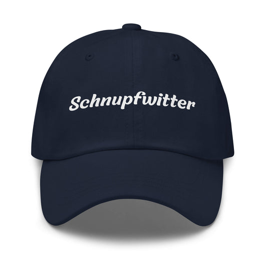 Geschenk Cap - Schnupfwitter Dad Cap in Marineblau - Premium Edition - mit weißem Print - Frontansicht