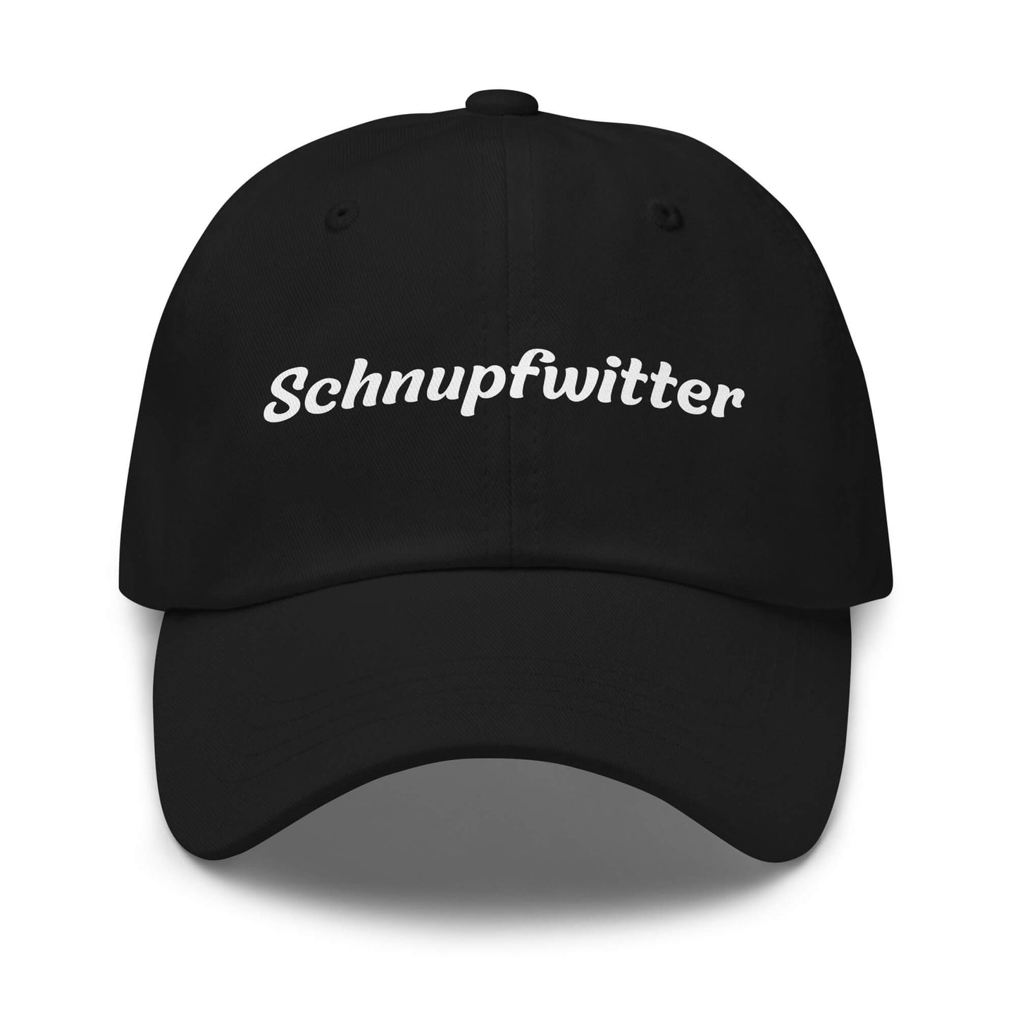 Geschenk Cap - Schnupfwitter Dad Cap in Schwarz - Premium Edition - mit weißem Print - Frontansicht