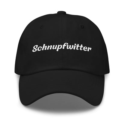 Geschenk Cap - Schnupfwitter Dad Cap in Schwarz - Premium Edition - mit weißem Print - Frontansicht