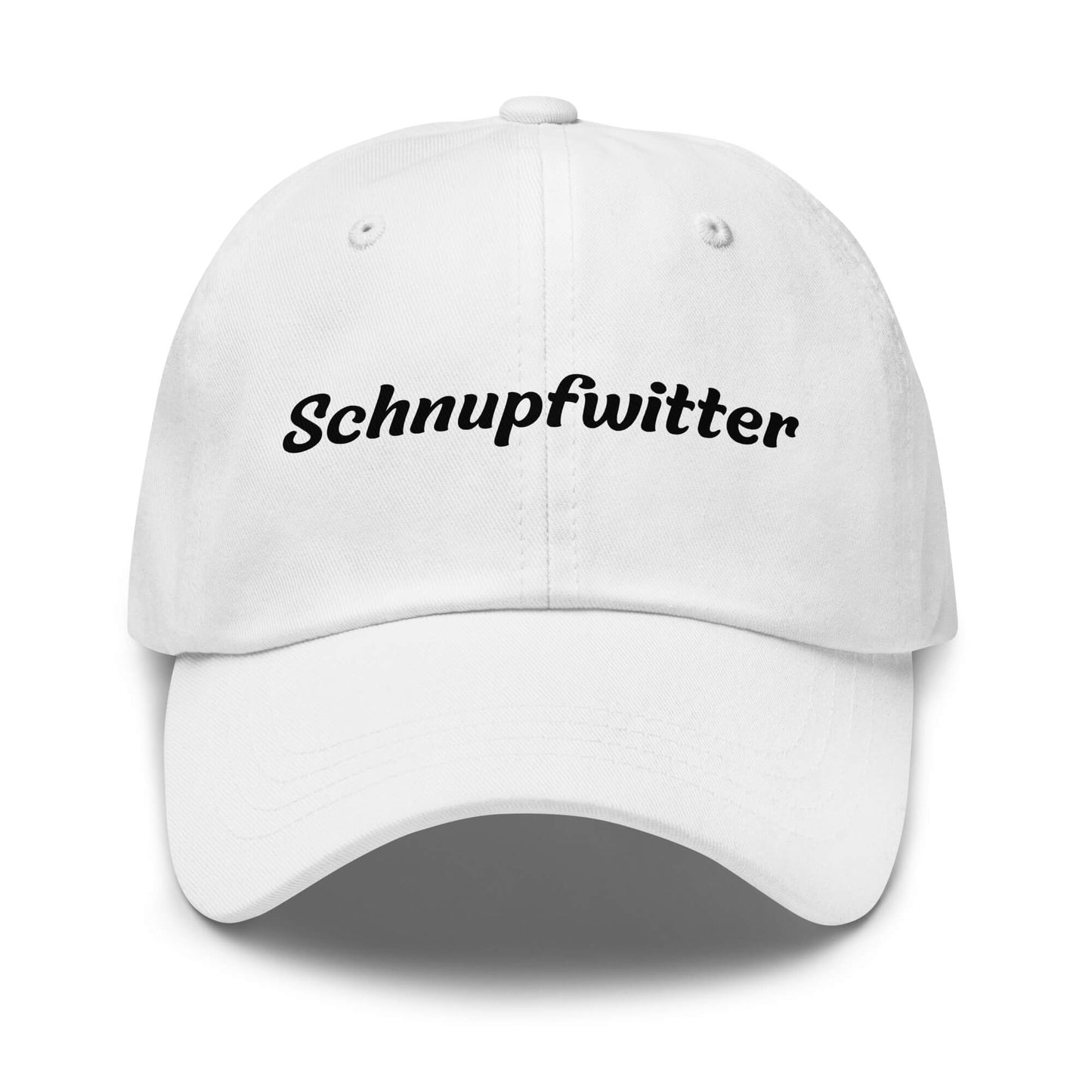 Geschenk Cap - Schnupfwitter Dad Cap in Weiß - Premium Edition - mit schwarzem Print - Frontansicht