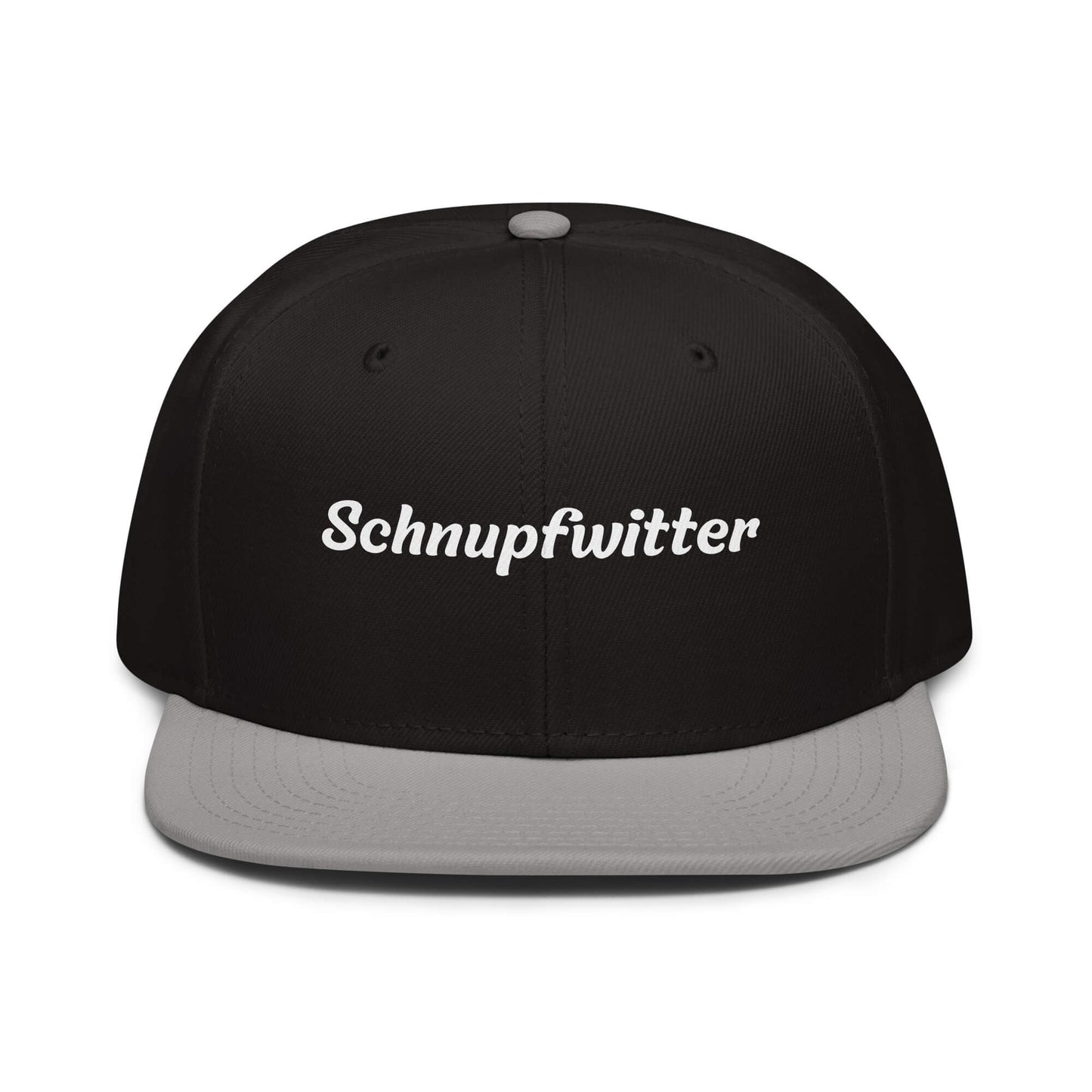 Geschenk Cap - Schnupfwitter Snapback Cap in Schwarz-Grau - Res5 Edition - mit weißem Print - Frontansicht