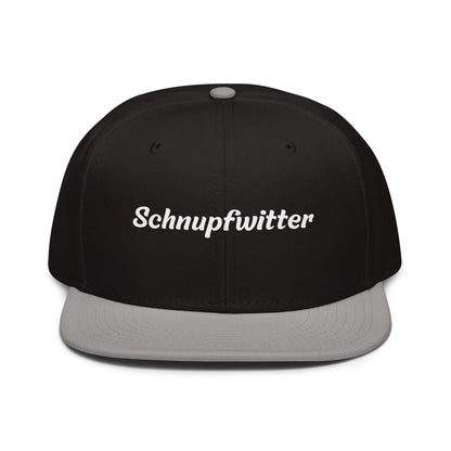 Geschenk Cap - Schnupfwitter Snapback Cap in Schwarz-Grau - Res5 Edition - mit weißem Print - Frontansicht
