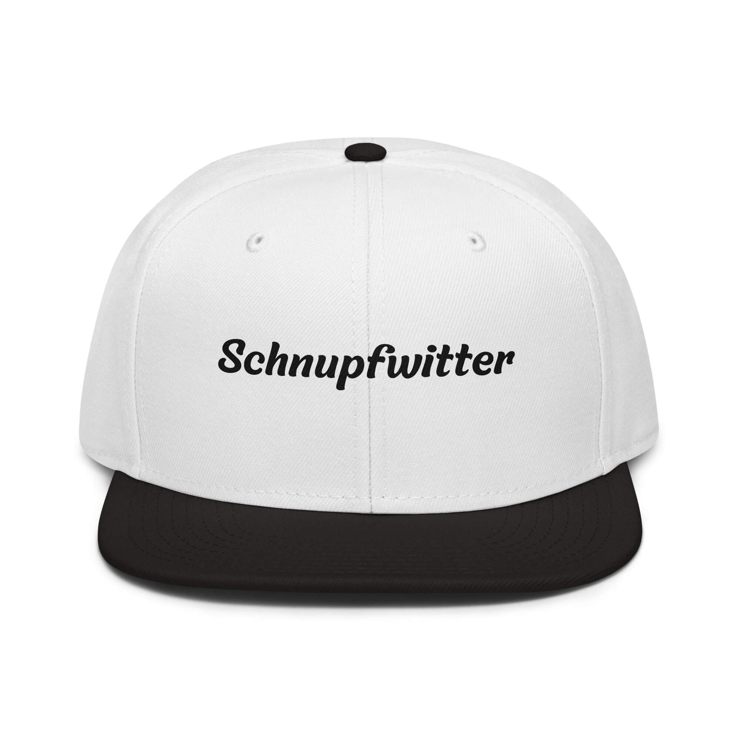 Geschenk Cap - Schnupfwitter Snapback Cap in Weiß-Schwarz - Res5 Edition - mit schwarzem Print - Frontansicht