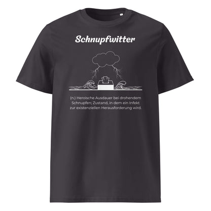 Geschenk T-Shirt - Schnupfwitter T-Shirt in Anthracite aus 180/m² Bio-Baumwolle, Premium Edition, Frontansicht mit weißem Print