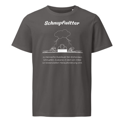 Geschenk T-Shirt - Schnupfwitter T-Shirt in Anthracite aus 155g/m² Bio-Baumwolle, Res5 Edition, Frontansicht mit weißem Print
