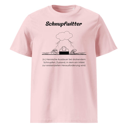 Geschenk T-Shirt - Schnupfwitter T-Shirt in Cotton Pink aus 180/m² Bio-Baumwolle, Premium Edition, Frontansicht mit schwarzem Print