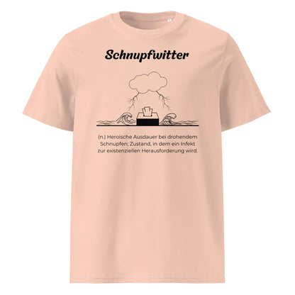 Geschenk T-Shirt - Schnupfwitter T-Shirt in Fraiche Peche aus 180/m² Bio-Baumwolle, Premium Edition, Frontansicht mit schwarzem Print