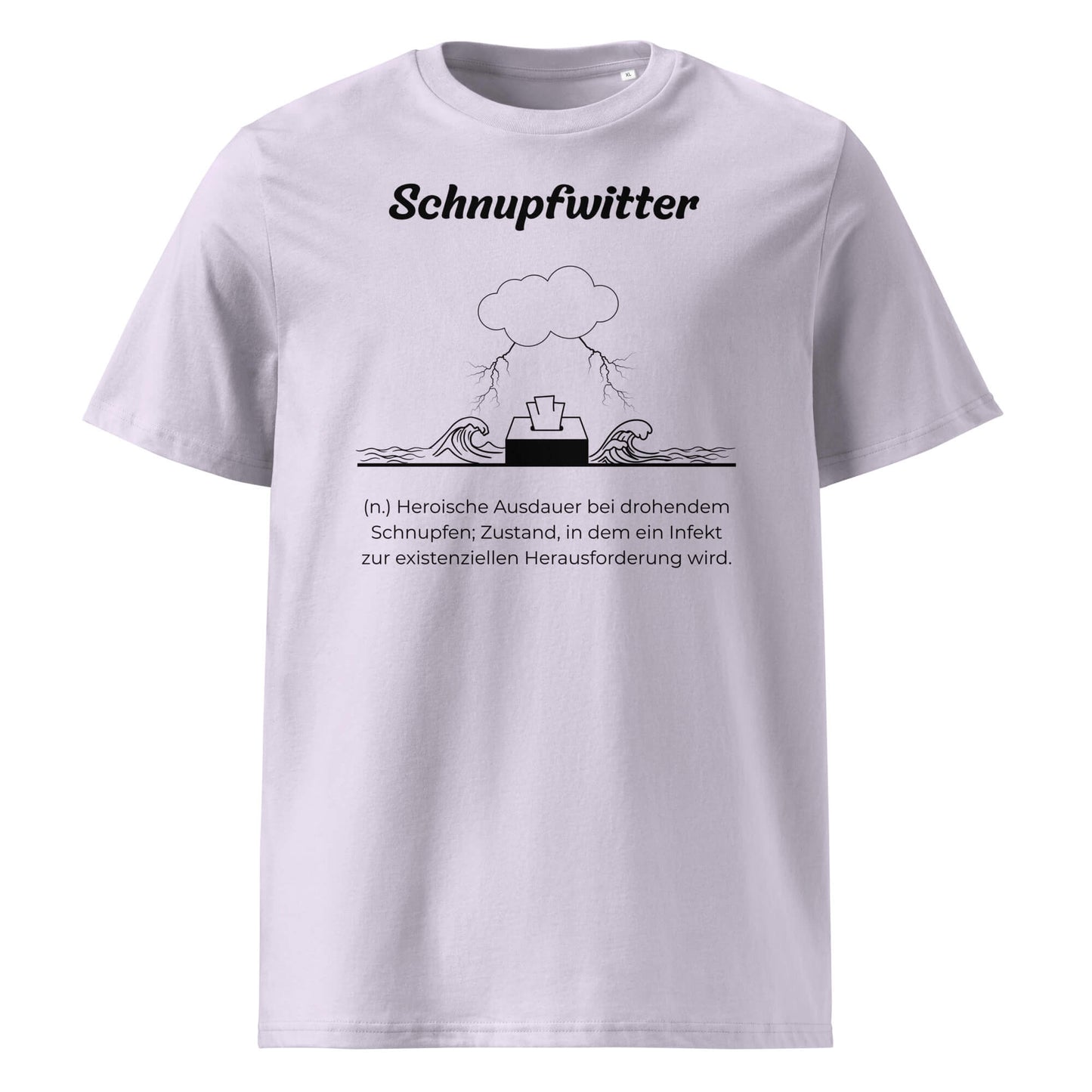 Geschenk T-Shirt - Schnupfwitter T-Shirt in Lavender aus 180/m² Bio-Baumwolle, Premium Edition, Frontansicht mit schwarzem Print