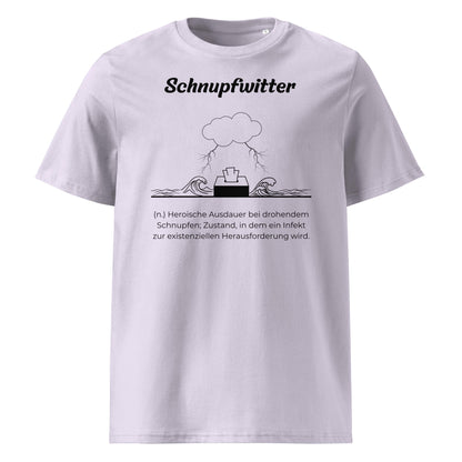 Geschenk T-Shirt - Schnupfwitter T-Shirt in Lavender aus 180/m² Bio-Baumwolle, Premium Edition, Frontansicht mit schwarzem Print