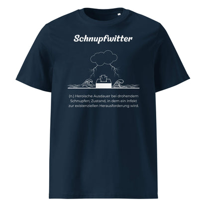 Geschenk T-Shirt - Schnupfwitter T-Shirt in Marineblau aus 180/m² Bio-Baumwolle, Premium Edition, Frontansicht mit weißem Print