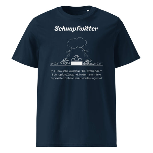 Geschenk T-Shirt - Schnupfwitter T-Shirt in Marineblau aus 180/m² Bio-Baumwolle, Premium Edition, Frontansicht mit weißem Print