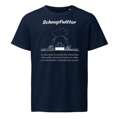 Geschenk T-Shirt - Schnupfwitter T-Shirt in Marineblau aus 155g/m² Bio-Baumwolle, Res5 Edition, Frontansicht mit weißem Print