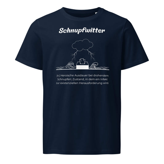 Geschenk T-Shirt - Schnupfwitter T-Shirt in Marineblau aus 155g/m² Bio-Baumwolle, Res5 Edition, Frontansicht mit weißem Print