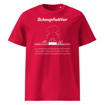 Geschenk T-Shirt - Schnupfwitter T-Shirt in Red aus 180/m² Bio-Baumwolle, Premium Edition, Frontansicht mit weißem Print