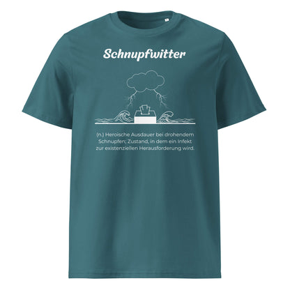 Geschenk T-Shirt - Schnupfwitter T-Shirt in Stargazer aus 180/m² Bio-Baumwolle, Premium Edition, Frontansicht mit weißem Print