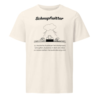 Geschenk T-Shirt - Schnupfwitter T-Shirt in Vintage White aus 155g/m² Bio-Baumwolle, Res5 Edition, Frontansicht mit schwarzem Print