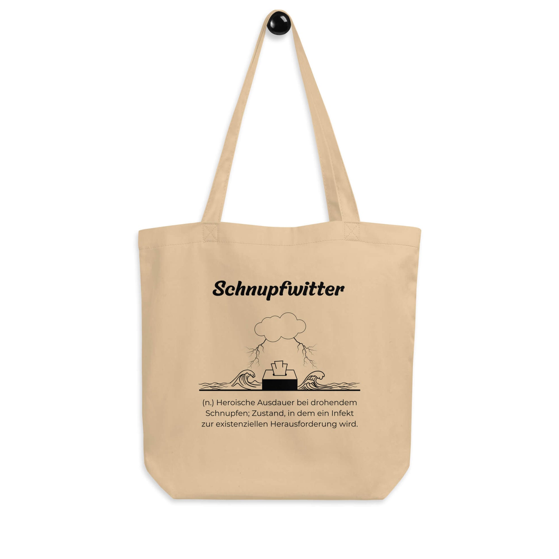 Geschenk Einkaufstasche - Schnupfwitter Tasche in Khaki aus Bio-Baumwolle - Res5 Edition - Frontansicht hängend mit schwarzem Print
