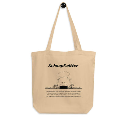 Geschenk Einkaufstasche - Schnupfwitter Tasche in Khaki aus Bio-Baumwolle - Res5 Edition - Frontansicht hängend mit schwarzem Print