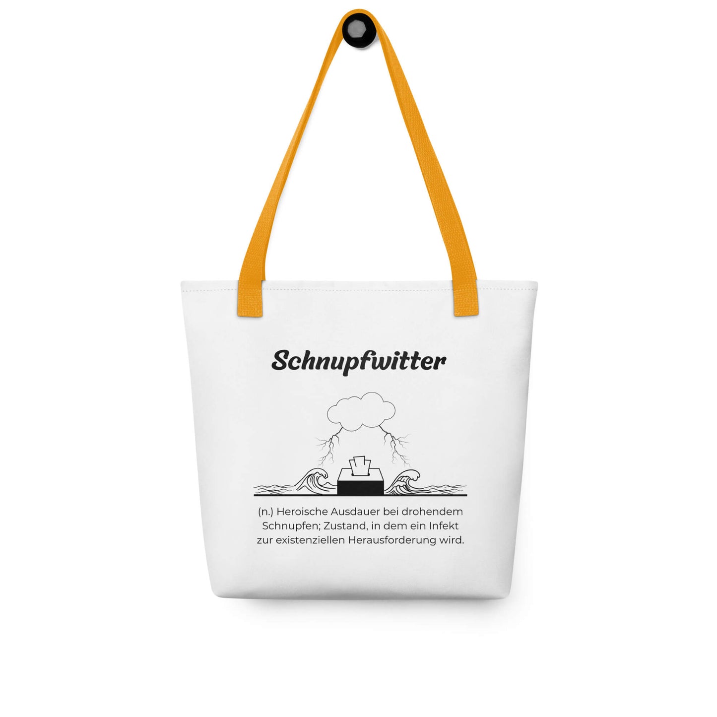 Geschenk Stofftasche - Schnupfwitter Tasche in Weiß-Gelb aus Polyester und Baumwolle - Premium Edition - Frontansicht hängend mit schwarzem Print