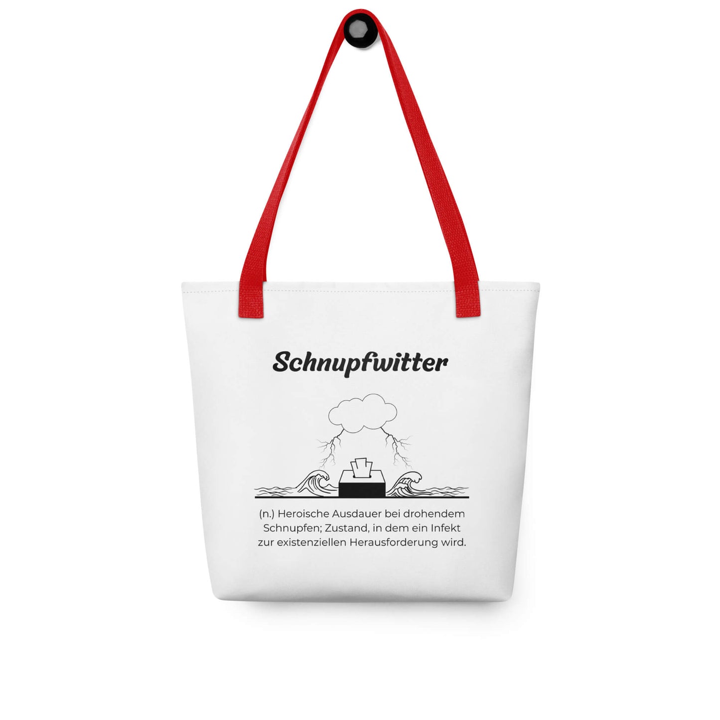 Geschenk Stofftasche - Schnupfwitter Tasche in Weiß-Rot aus Polyester und Baumwolle - Premium Edition - Frontansicht hängend mit schwarzem Print