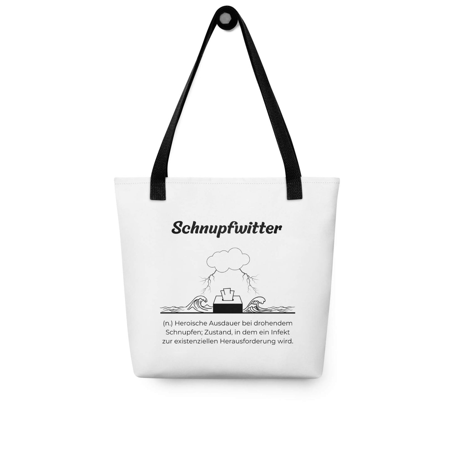 Geschenk Stofftasche - Schnupfwitter Tasche in Weiß-Schwarz aus Polyester und Baumwolle - Premium Edition - Frontansicht hängend mit schwarzem Print