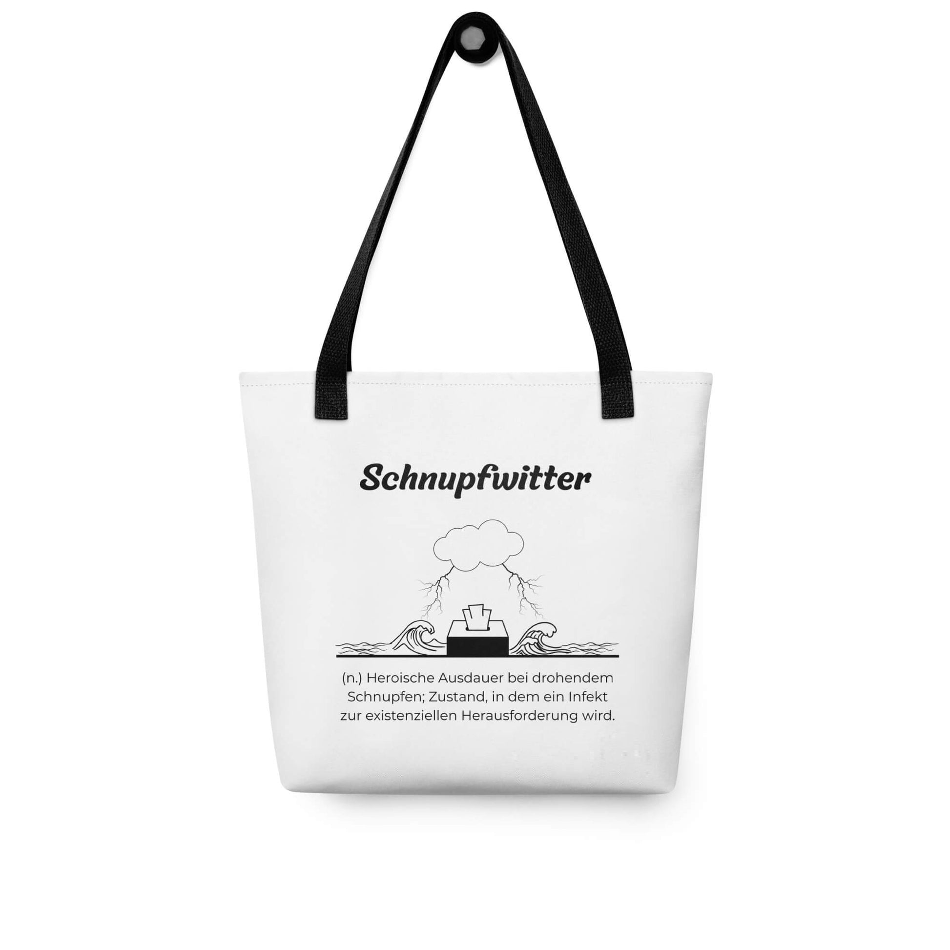 Geschenk Stofftasche - Schnupfwitter Tasche in Weiß-Schwarz aus Polyester und Baumwolle - Premium Edition - Frontansicht hängend mit schwarzem Print