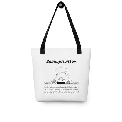 Geschenk Stofftasche - Schnupfwitter Tasche in Weiß-Schwarz aus Polyester und Baumwolle - Premium Edition - Frontansicht hängend mit schwarzem Print