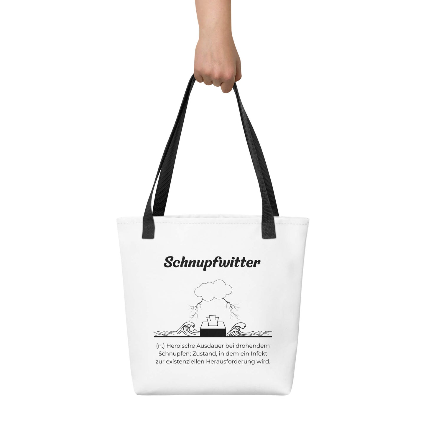 Geschenk Stofftasche - Schnupfwitter Tasche in Weiß-Schwarz aus Polyester und Baumwolle - Premium Edition - Frontansicht haltend in Hand mit schwarzem Print