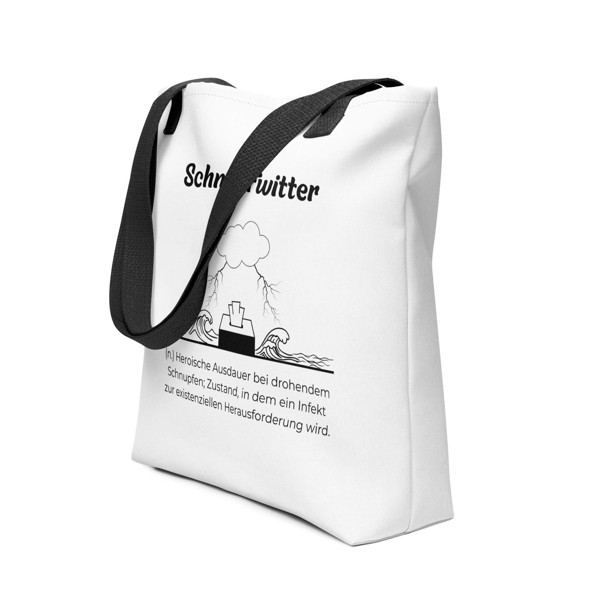 Geschenk Stofftasche - Schnupfwitter Tasche in Weiß-Schwarz aus Polyester und Baumwolle - Premium Edition - Frontansicht schräg mit schwarzem Print