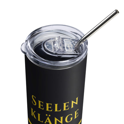 Seelenklänge Gold Edelstahlbecher in Schwarz - inklusive Deckel und Strohhalm - Gesamt - Welt für Liebe und Verbundenheit - Wortstolz Design