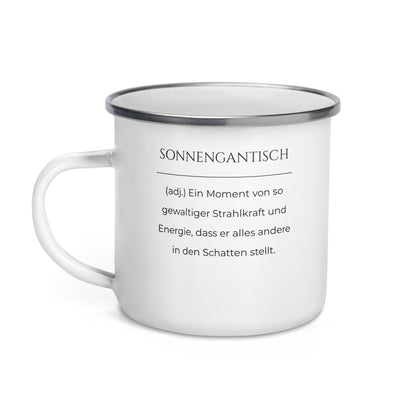 Sonnengantisch Emailletasse in Weiß - neues Wort für Strahlkraft und Energie - Front mit Henkel links - Wortstolz Design