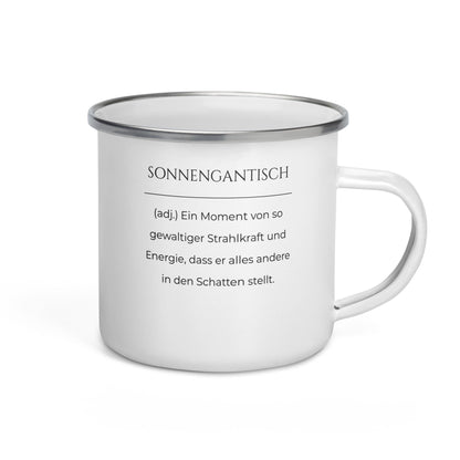 Sonnengantisch Emailletasse in Weiß - neues Wort für Strahlkraft und Energie - Front mit Henkel rechts - Wortstolz Design