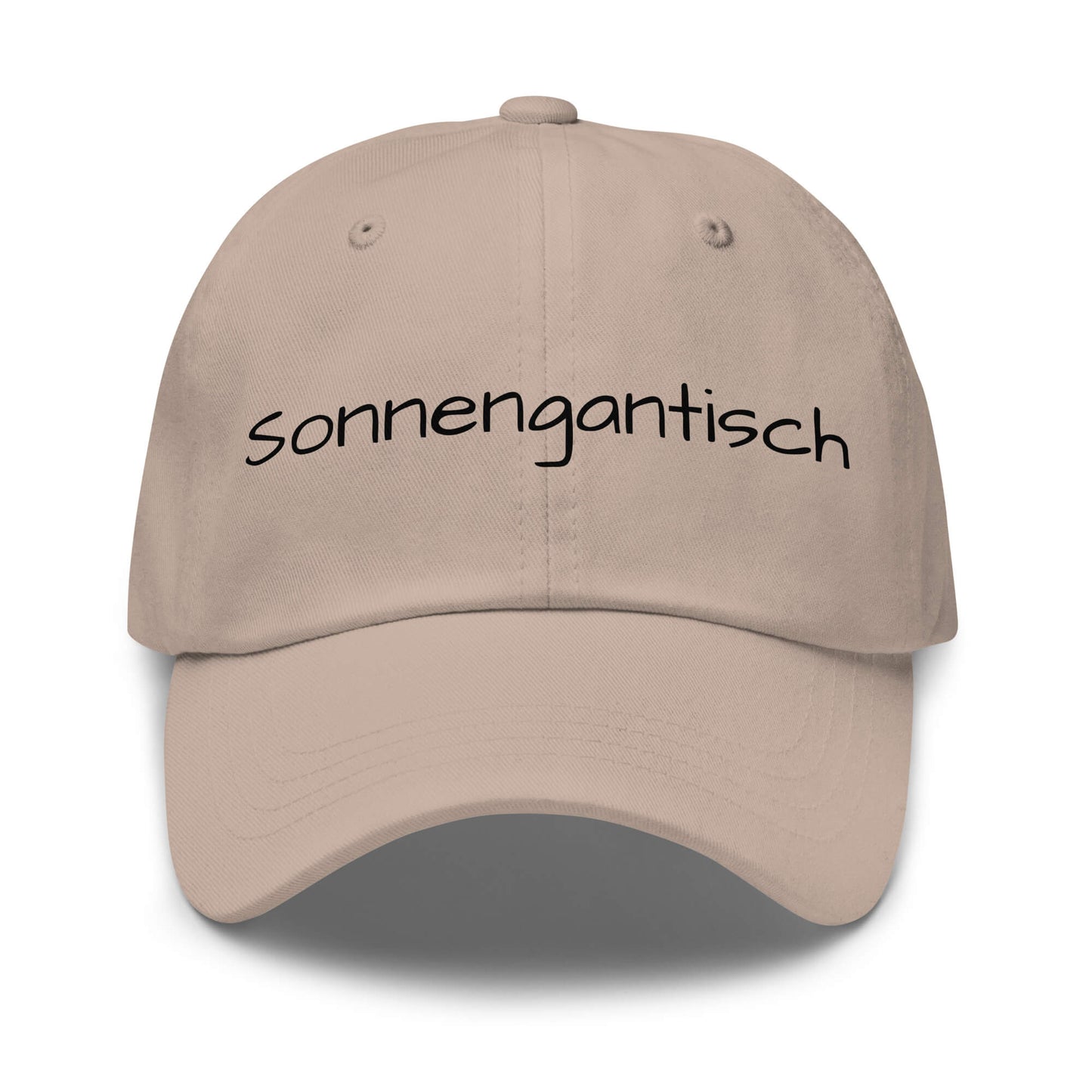 Sonnengantisch Premium Dad Cap in Stone aus Chino-Baumwoll-Twill - neues Wort für Strahlkraft und Energie - Front - Wortstolz Design