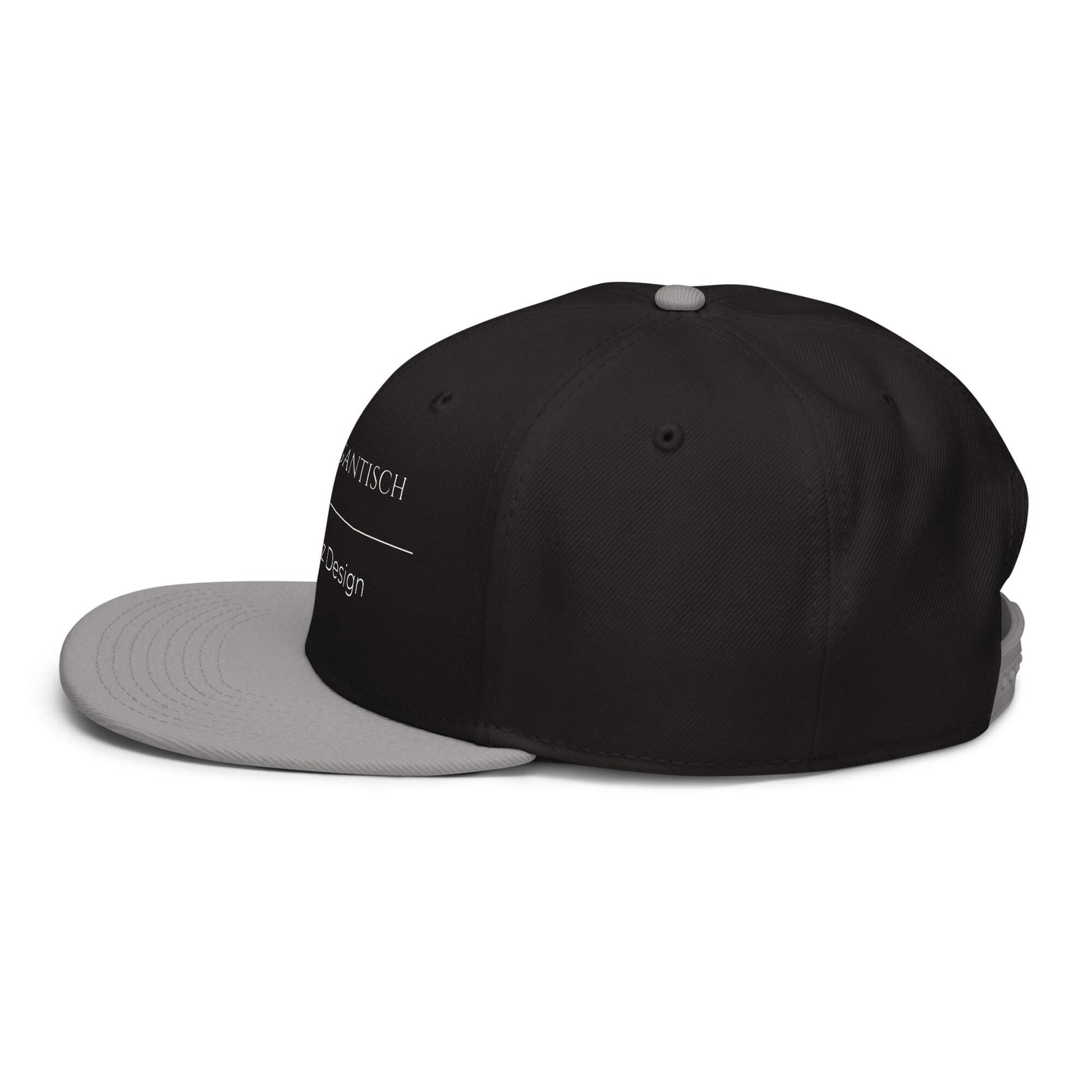 Sonnengantisch Snapback Cap in Schwarz - Grau aus Acryl-Woll-Mix - neues Wort für Strahlkraft und Energie - Links - Wortstolz Design