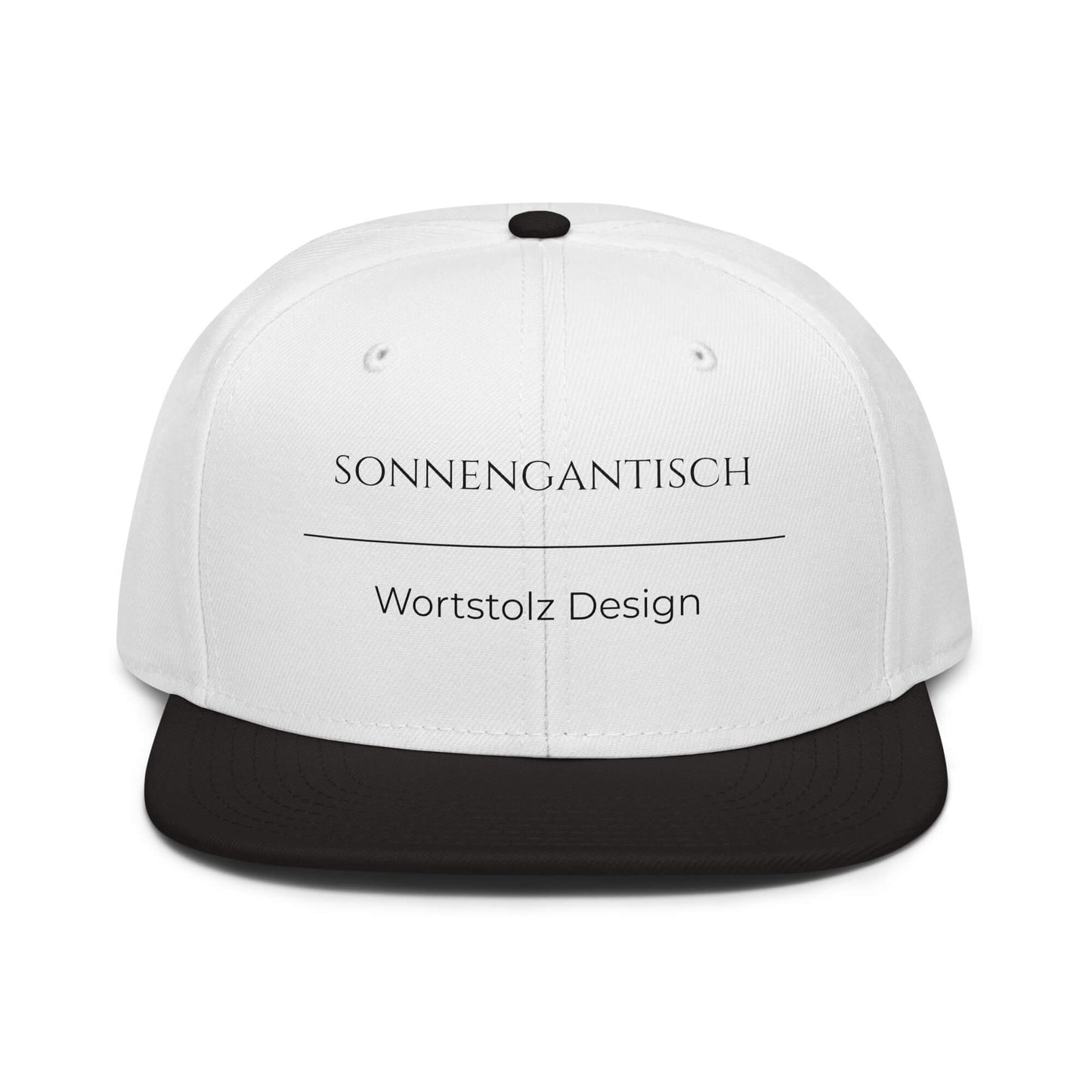 Sonnengantisch Snapback Cap in Weiß - Schwarz aus Acryl-Woll-Mix - neues Wort für Strahlkraft und Energie - Front - Wortstolz Design